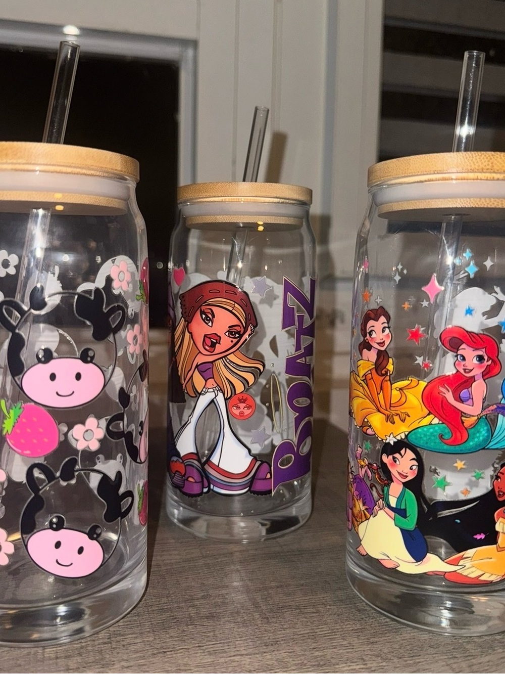 Clear Glass Tumbler with Bamboo Lid and Purple Accent Graphics